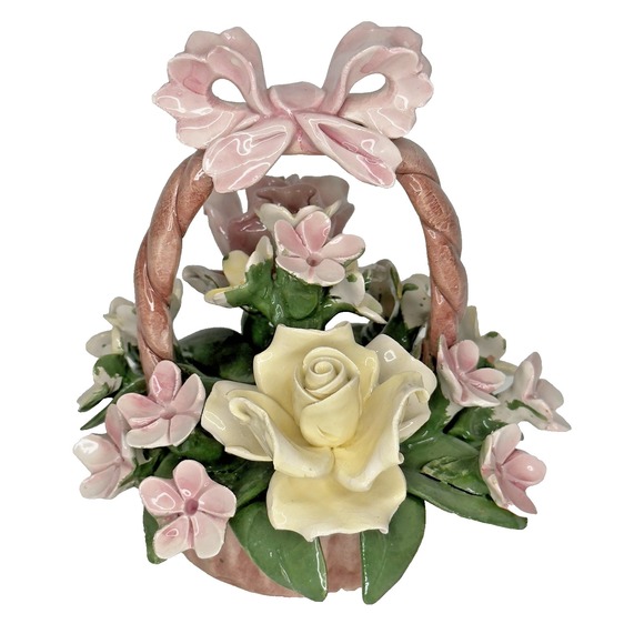 Vintage Capodimonte Porcelain Flower Basket Italy 6" Ceramic Roses Decor - Picture 1 of 7